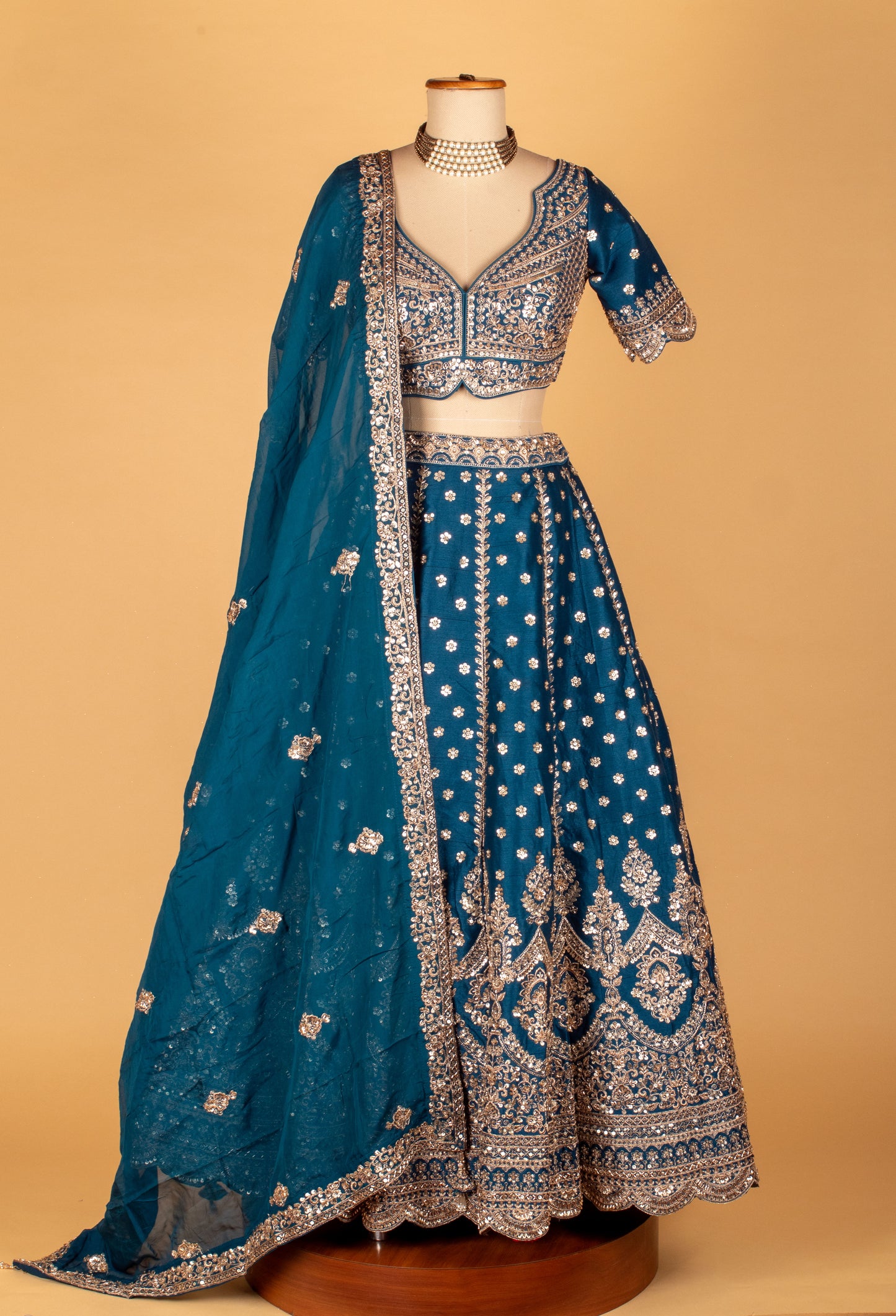 Teal Blue Embroidered Lehenga with Scalloped Crop Top & Sheer Organza Dupatt