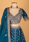 Teal Blue Embroidered Lehenga with Scalloped Crop Top & Sheer Organza Dupatt