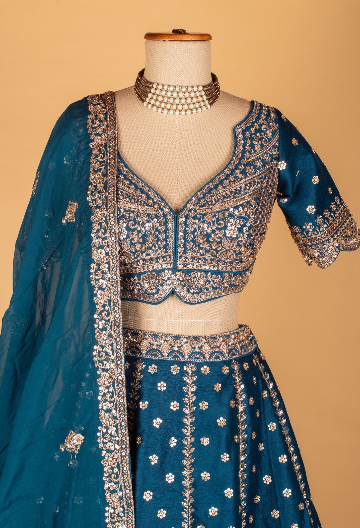 Teal Blue Embroidered Lehenga with Scalloped Crop Top & Sheer Organza Dupatt
