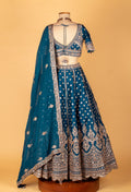 Teal Blue Embroidered Lehenga with Scalloped Crop Top & Sheer Organza Dupatt