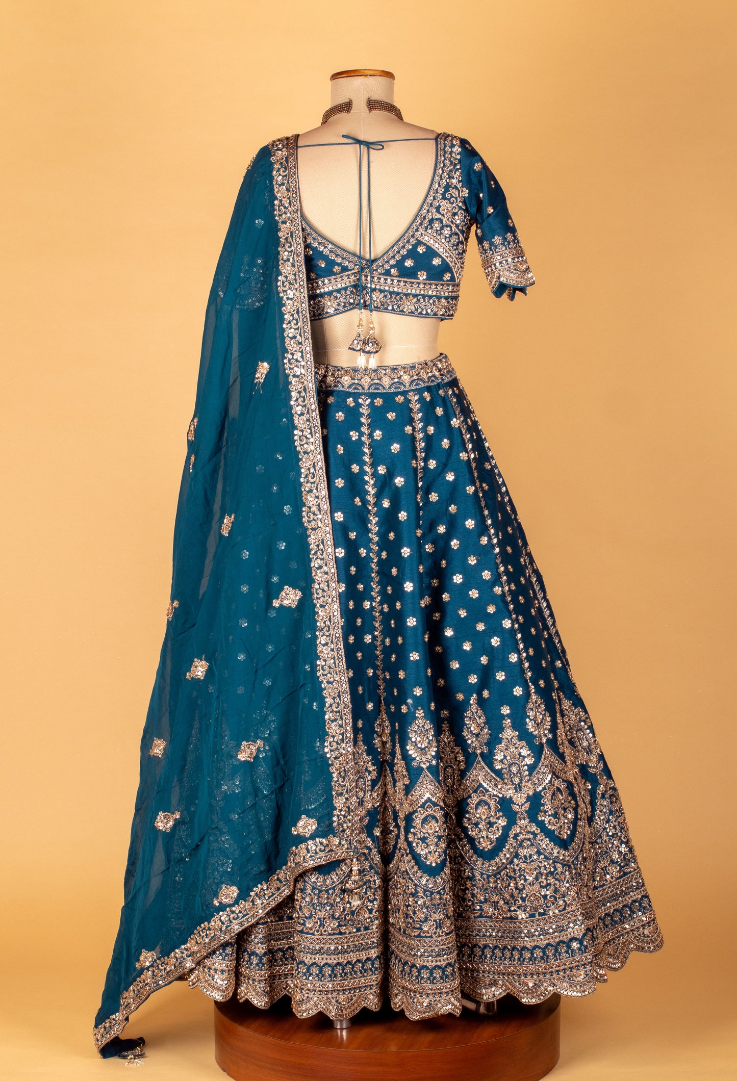Teal Blue Embroidered Lehenga with Scalloped Crop Top & Sheer Organza Dupatt