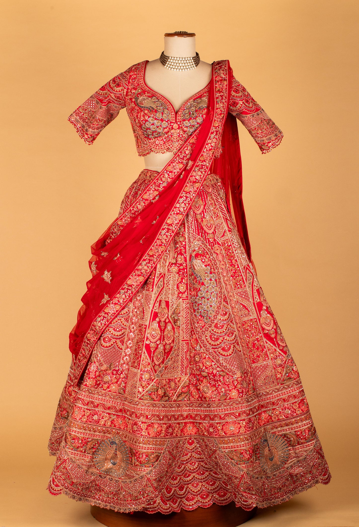 Crimson Red Bridal Hand-Embroidered Lehenga with Heavy Scalloped Dupatta & Statement Sweetheart Blouse
