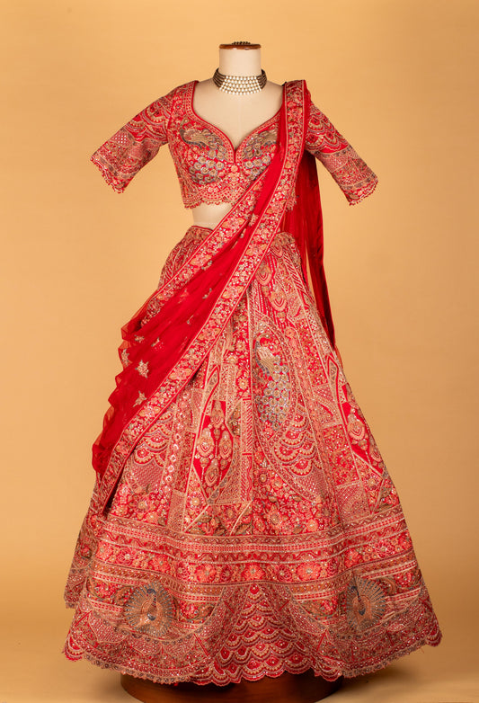 Crimson red hand-embroidered bridal lehenga with scalloped dupatta – product image 2
