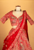 Crimson Red Bridal Hand-Embroidered Lehenga with Heavy Scalloped Dupatta & Statement Sweetheart Blouse