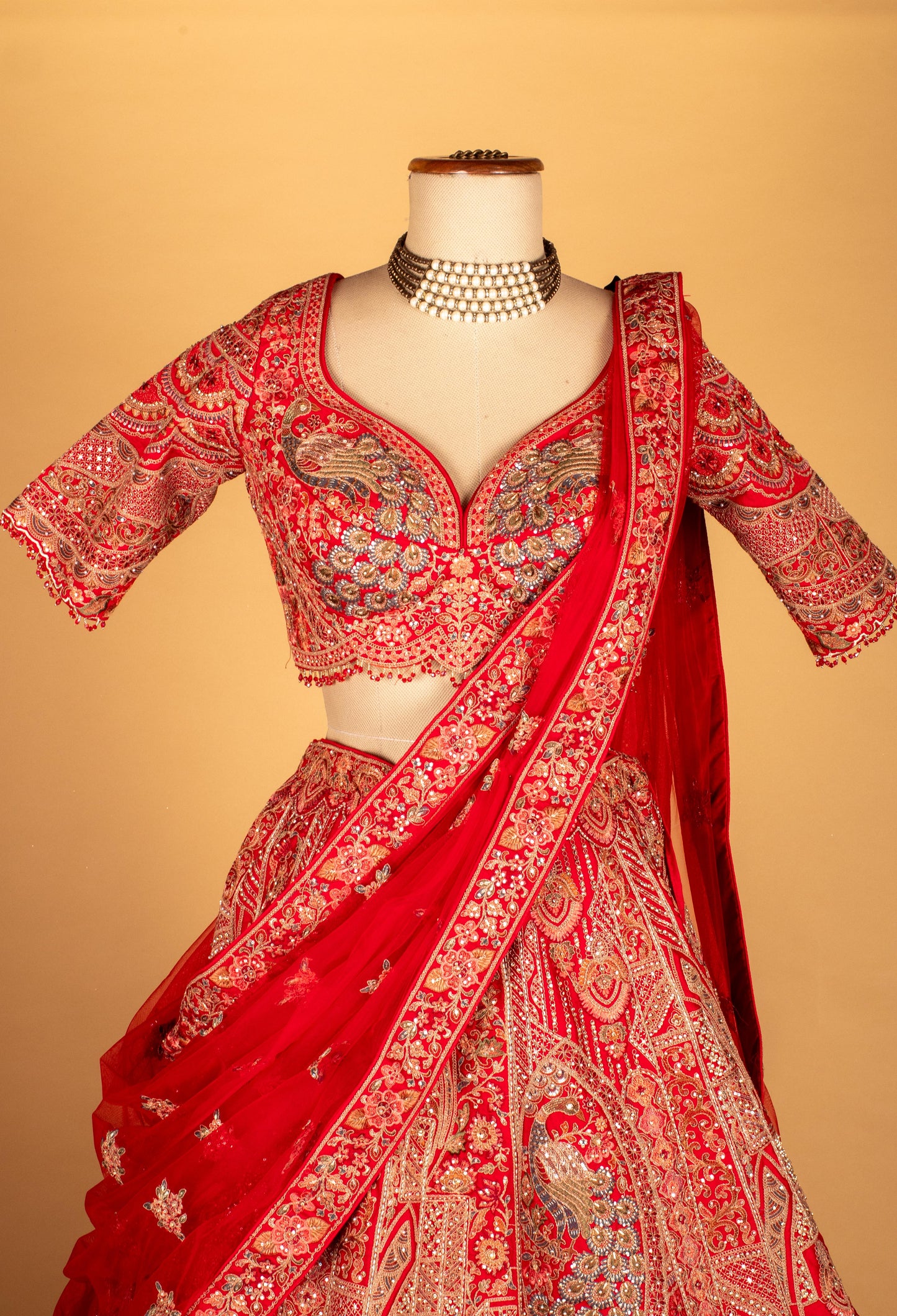 Crimson Red Bridal Hand-Embroidered Lehenga with Heavy Scalloped Dupatta & Statement Sweetheart Blouse