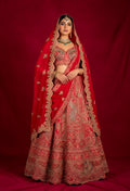 Crimson Red Bridal Hand-Embroidered Lehenga with Heavy Scalloped Dupatta & Statement Sweetheart Blouse