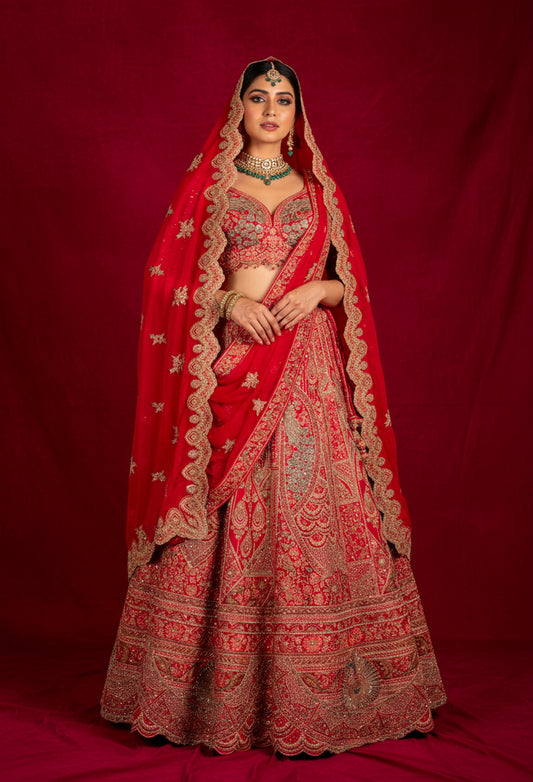 Crimson Red Bridal Hand-Embroidered Lehenga with Heavy Scalloped Dupatta & Statement Sweetheart Blouse