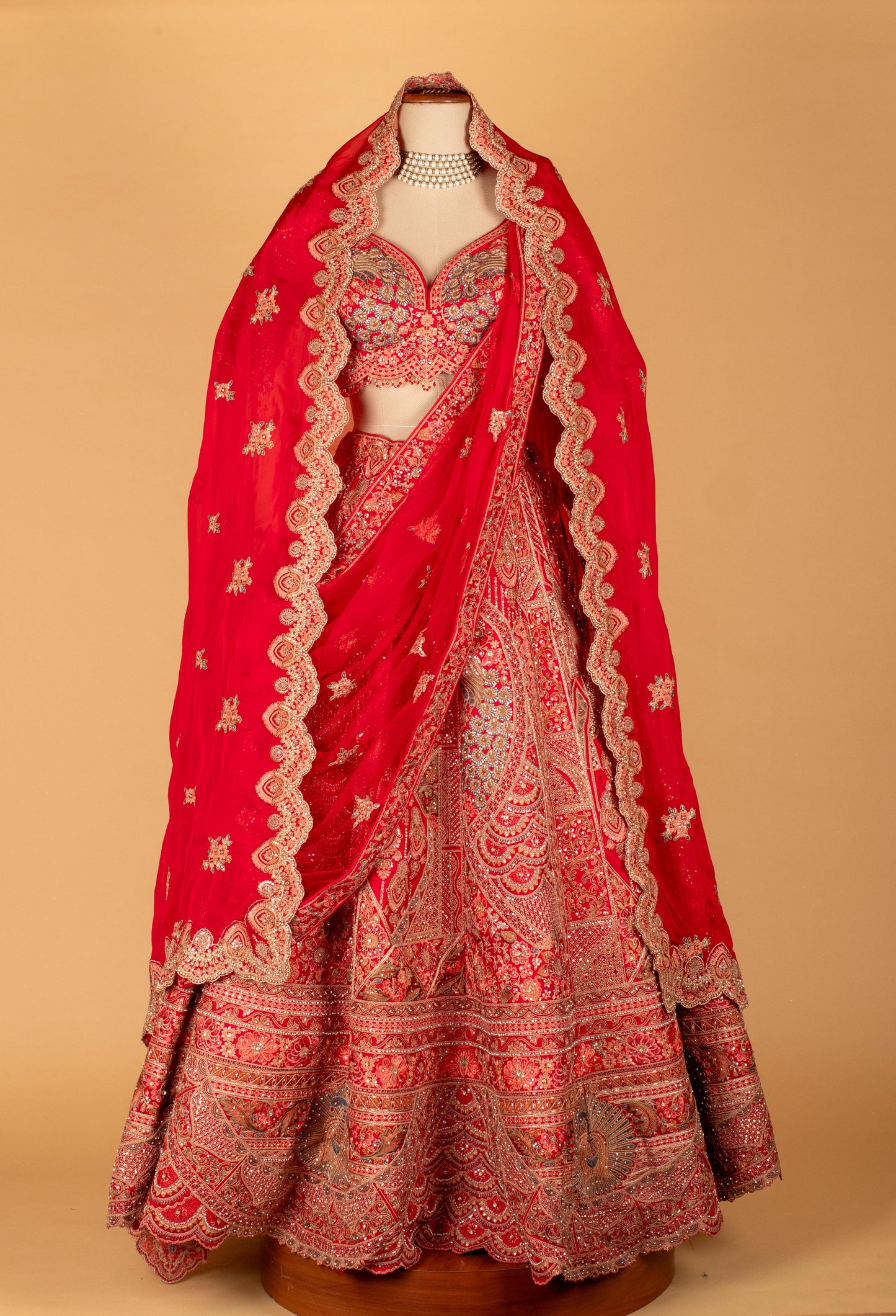 Crimson Red Bridal Hand-Embroidered Lehenga with Heavy Scalloped Dupatta & Statement Sweetheart Blouse