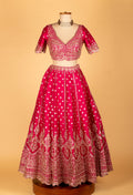 Rani Pink Hand-Embroidered Lehenga with Scalloped Crop Top & Ornate Dupatta