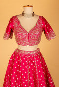 Rani Pink Hand-Embroidered Lehenga with Scalloped Crop Top & Ornate Dupatta