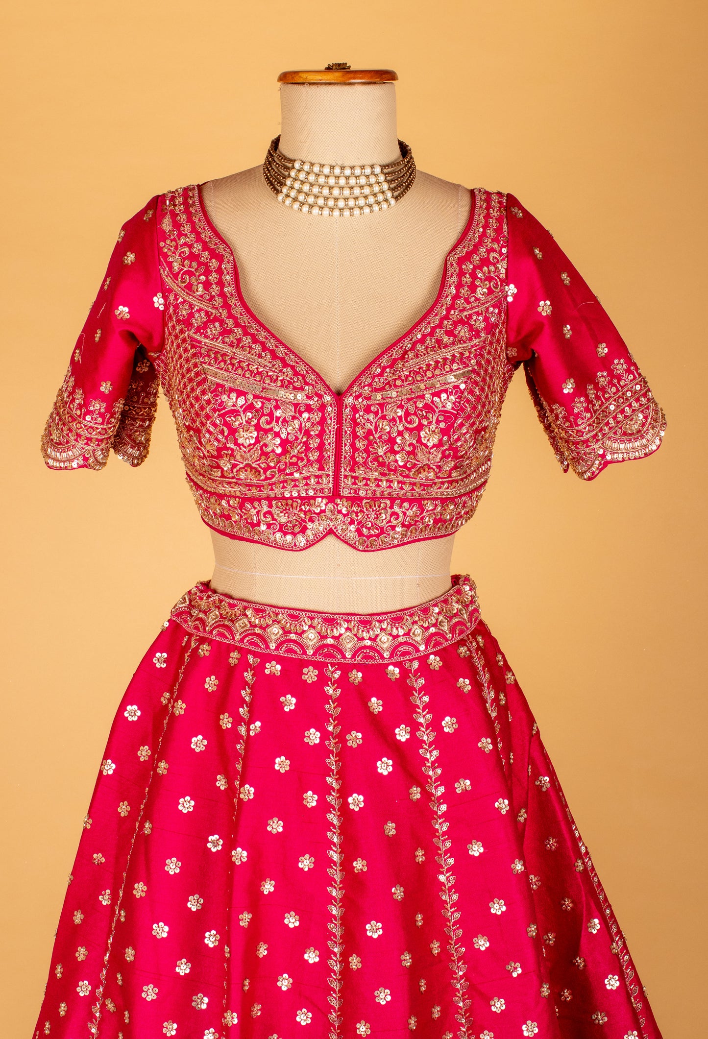Rani Pink Hand-Embroidered Lehenga with Scalloped Crop Top & Ornate Dupatta