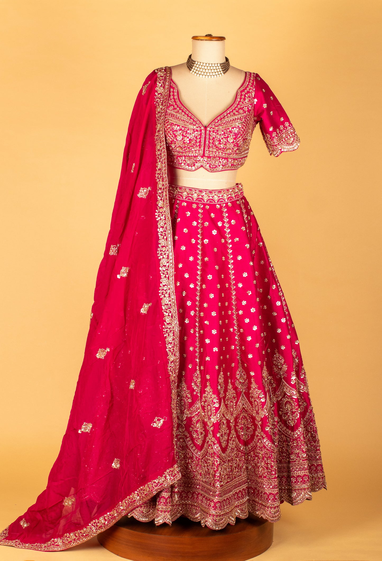 Rani Pink Hand-Embroidered Lehenga with Scalloped Crop Top & Ornate Dupatta
