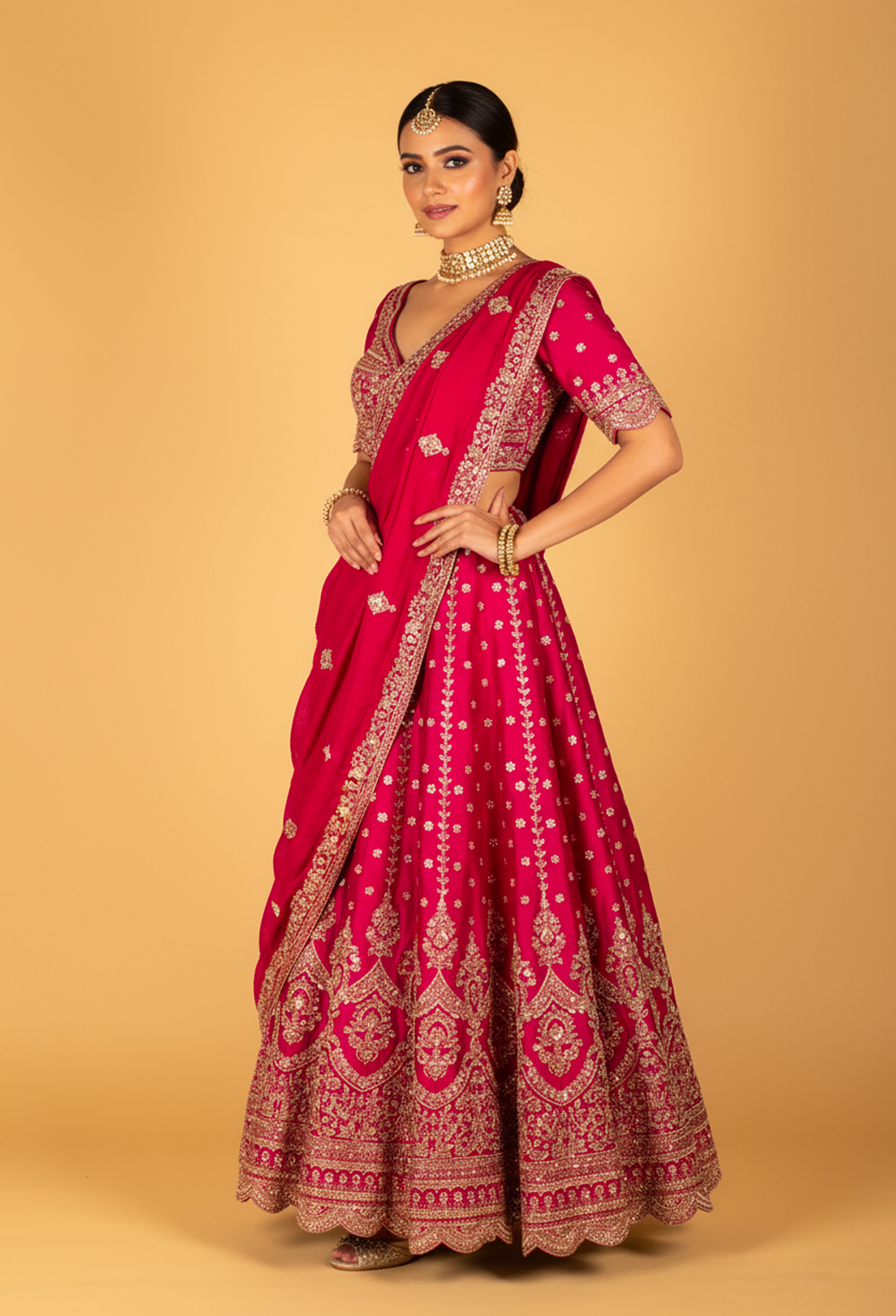 Rani Pink Hand-Embroidered Lehenga with Scalloped Crop Top & Ornate Du