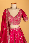 Rani Pink Hand-Embroidered Lehenga with Scalloped Crop Top & Ornate Dupatta