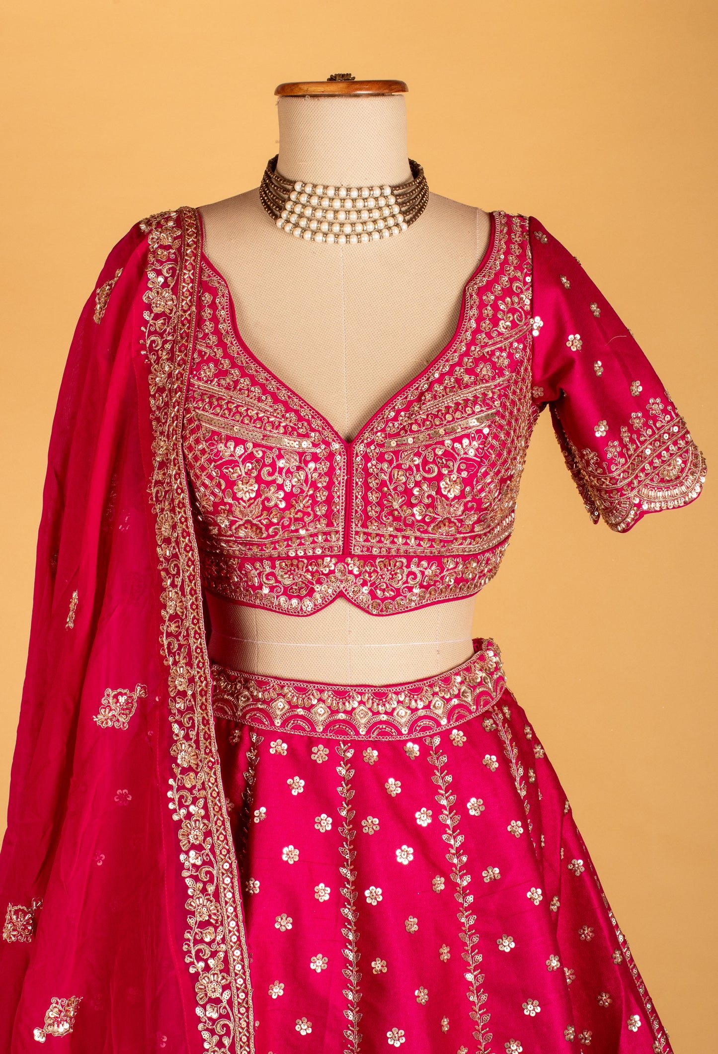 Rani Pink Hand-Embroidered Lehenga with Scalloped Crop Top & Ornate Dupatta