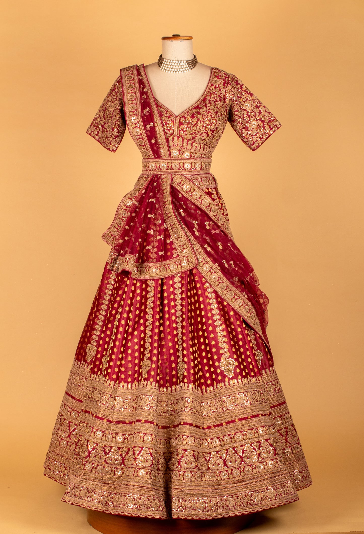 Maroon Handcrafted Bridal Lehenga with Intricate Zari Work, V-Neck Blouse & Heavy Dupatta