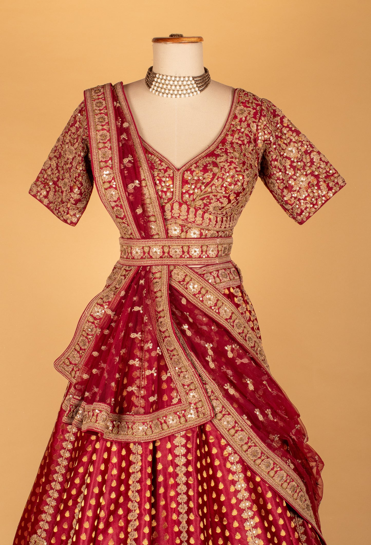 Maroon Handcrafted Bridal Lehenga with Intricate Zari Work, V-Neck Blouse & Heavy Dupatta
