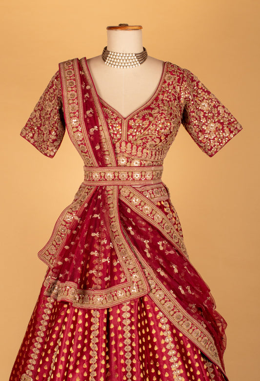 Maroon handcrafted bridal lehenga with heavy embroidered dupatta – product image 2