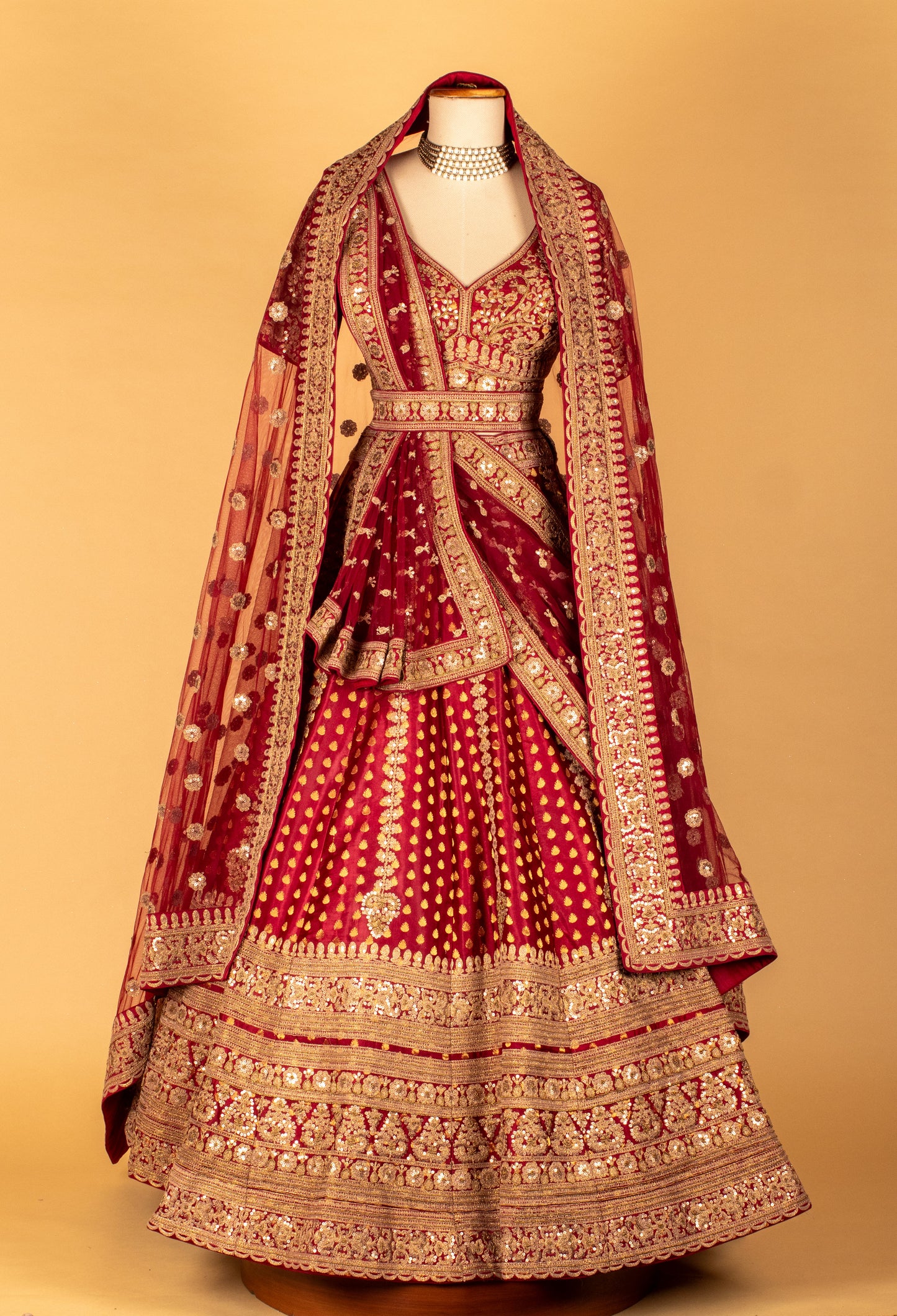Maroon Handcrafted Bridal Lehenga with Intricate Zari Work, V-Neck Blouse & Heavy Dupatta