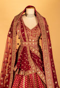 Maroon Handcrafted Bridal Lehenga with Intricate Zari Work, V-Neck Blouse & Heavy Dupatta