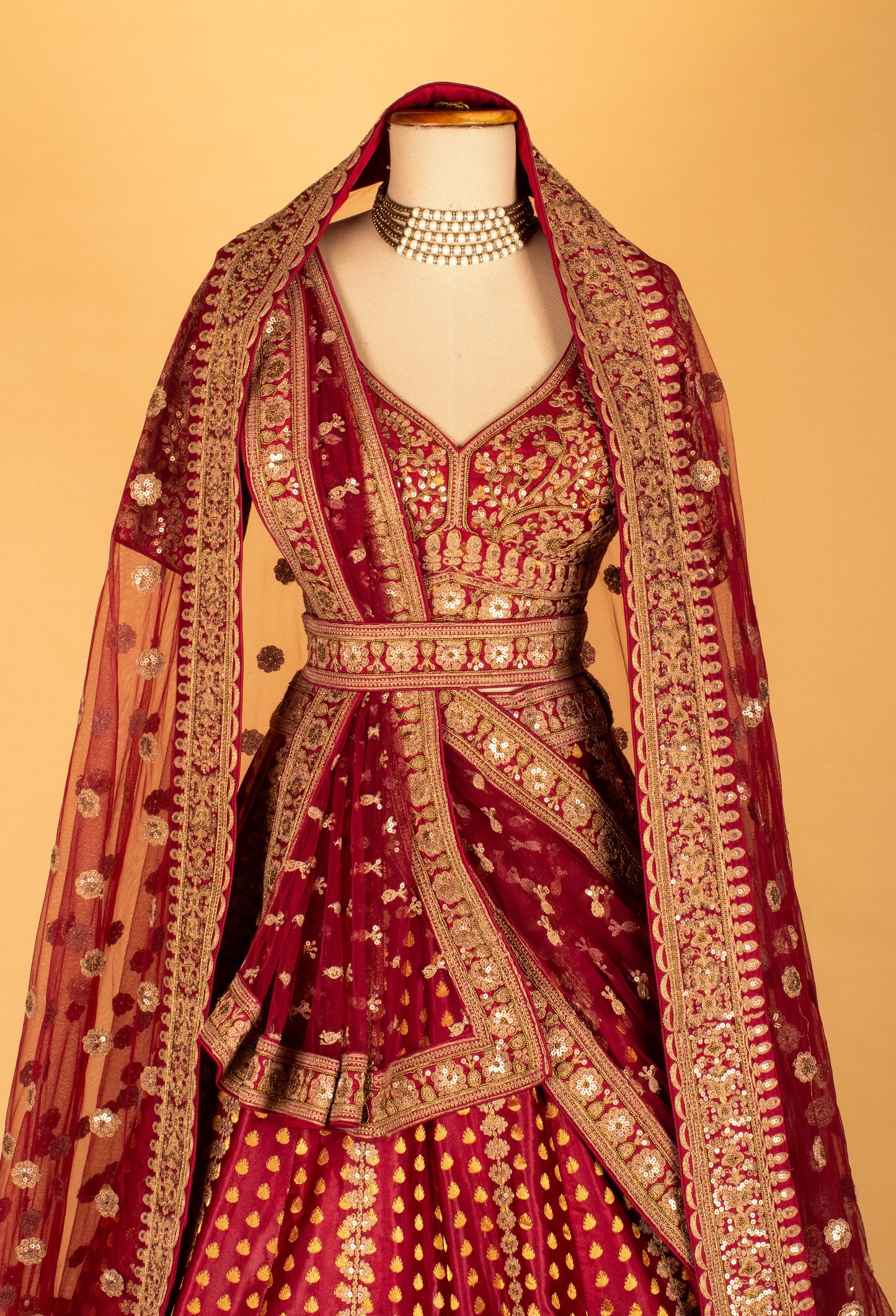 Maroon Handcrafted Bridal Lehenga with Intricate Zari Work, V-Neck Blouse & Heavy Dupatta