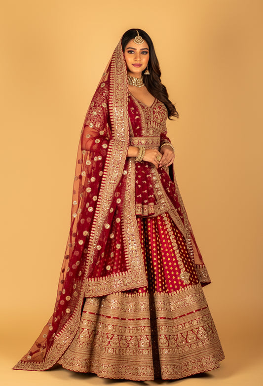 Maroon Handcrafted Bridal Lehenga with Intricate Zari Work, V-Neck Blouse & Heavy Dupatta