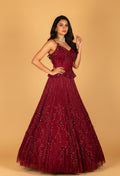 Maroon Hand-Embellished Mermaid Gown with Strappy Bodice & Textured Flare