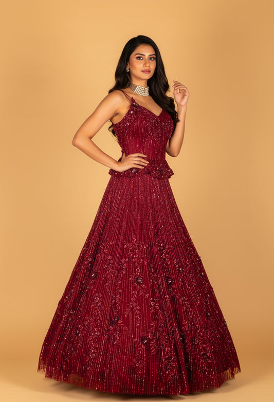 Maroon Hand-Embellished Mermaid Gown with Strappy Bodice & Textured Flare