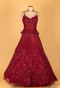 Maroon Hand-Embellished Mermaid Gown with Strappy Bodice & Textured Flare
