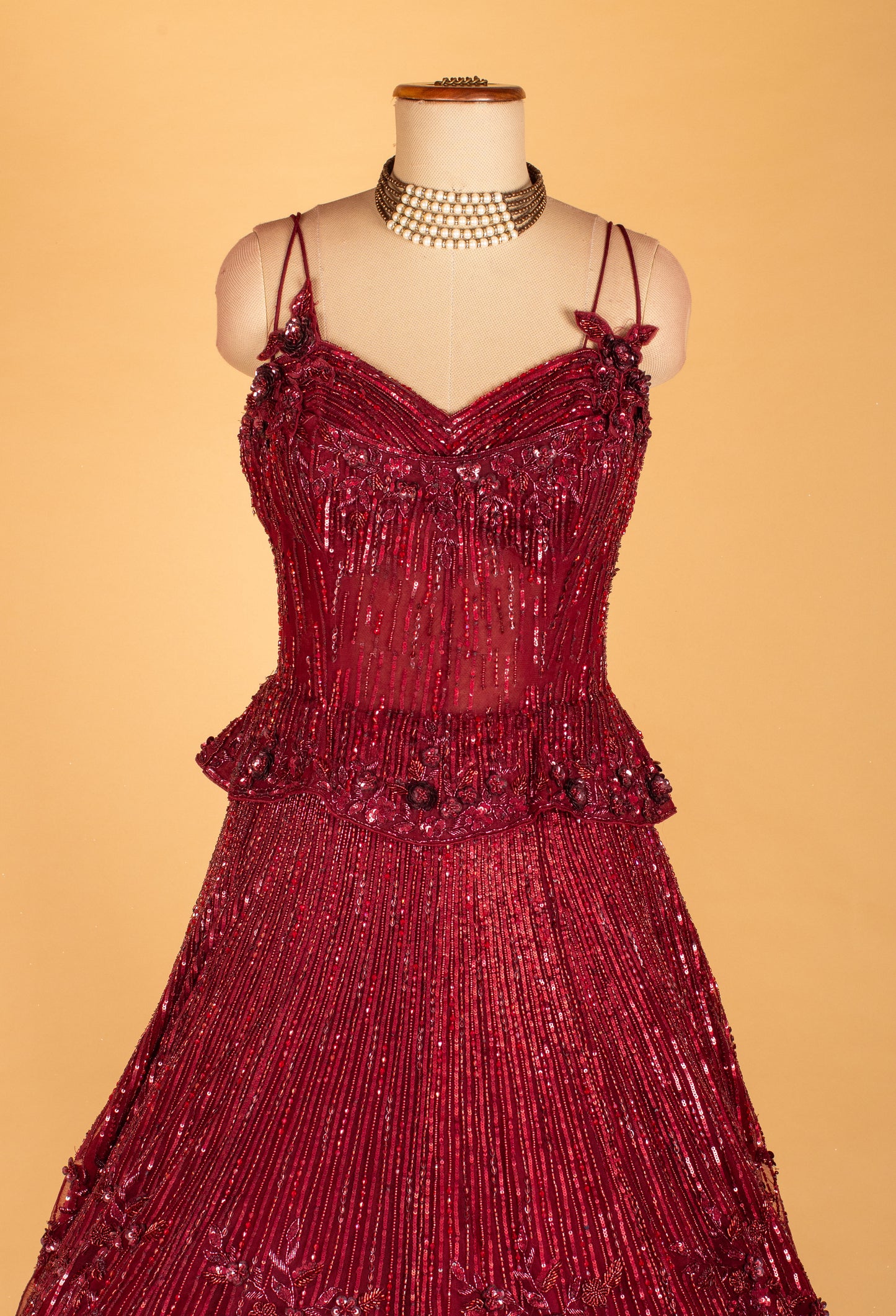 Maroon Hand-Embellished Mermaid Gown with Strappy Bodice & Textured Flare
