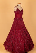 Maroon Hand-Embellished Mermaid Gown with Strappy Bodice & Textured Flare