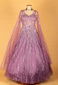 Lavender Embellished Ball Gown with Sheer Embroidered Sleeves & Layered Flare