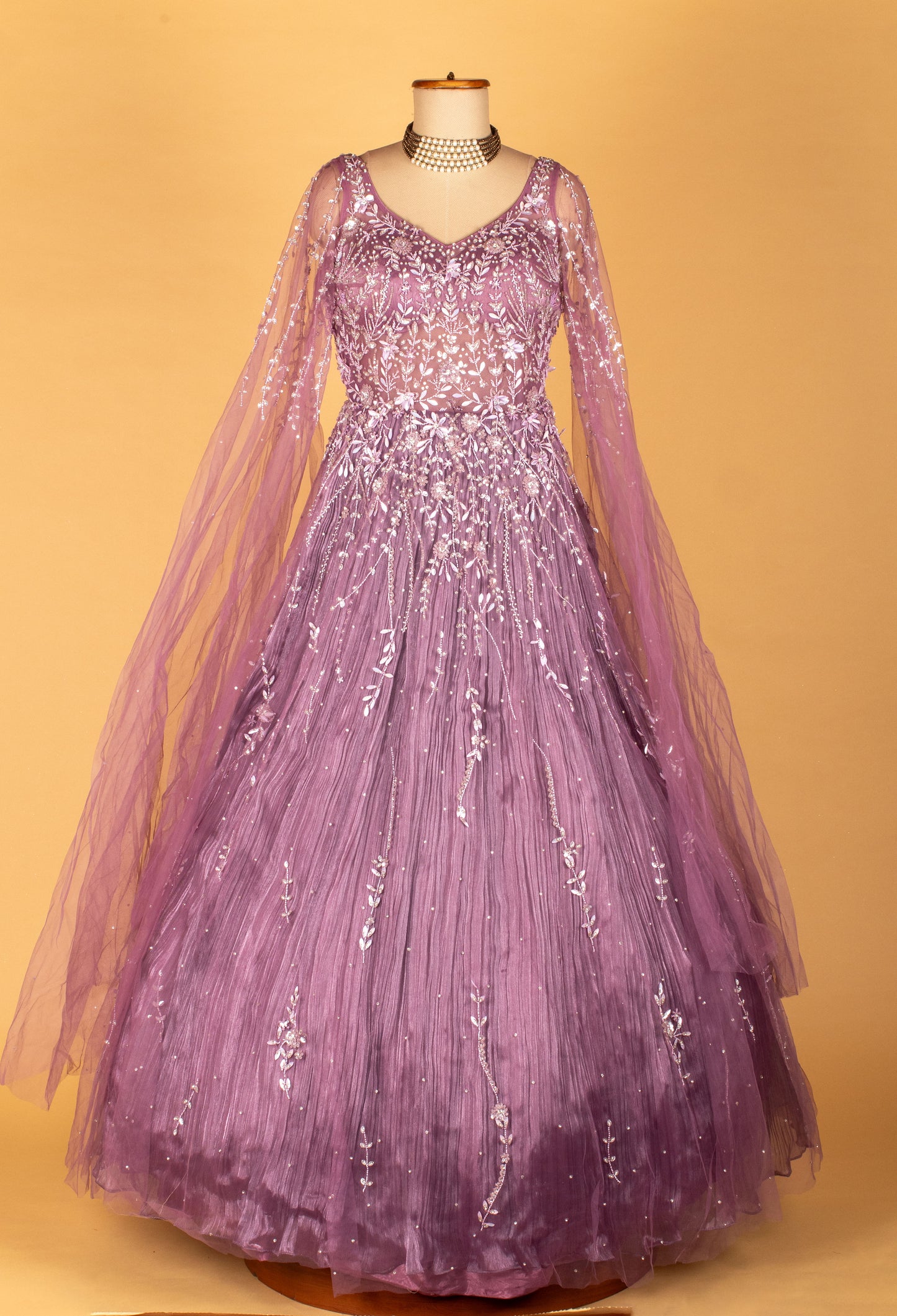 Lavender Embellished Ball Gown with Sheer Embroidered Sleeves & Layered Flare