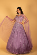 Lavender Embellished Ball Gown with Sheer Embroidered Sleeves & Layered Flare