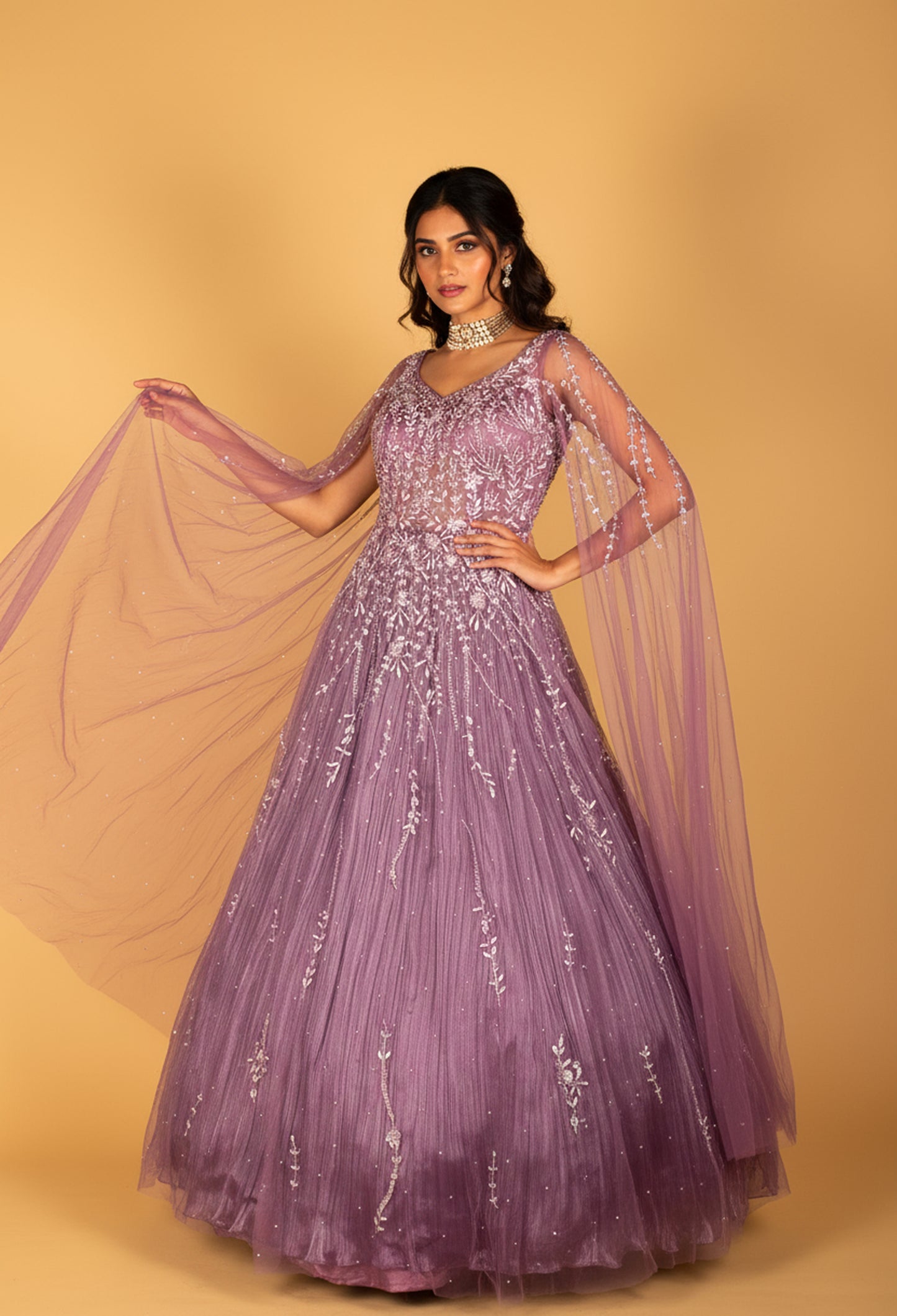 Lavender Embellished Ball Gown with Sheer Embroidered Sleeves & Layered Flare