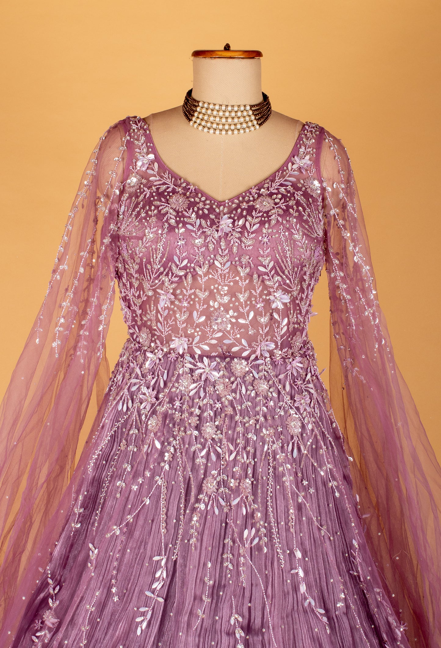 Lavender Embellished Ball Gown with Sheer Embroidered Sleeves & Layered Flare