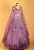 Lavender Embellished Ball Gown with Sheer Embroidered Sleeves & Layered Flare