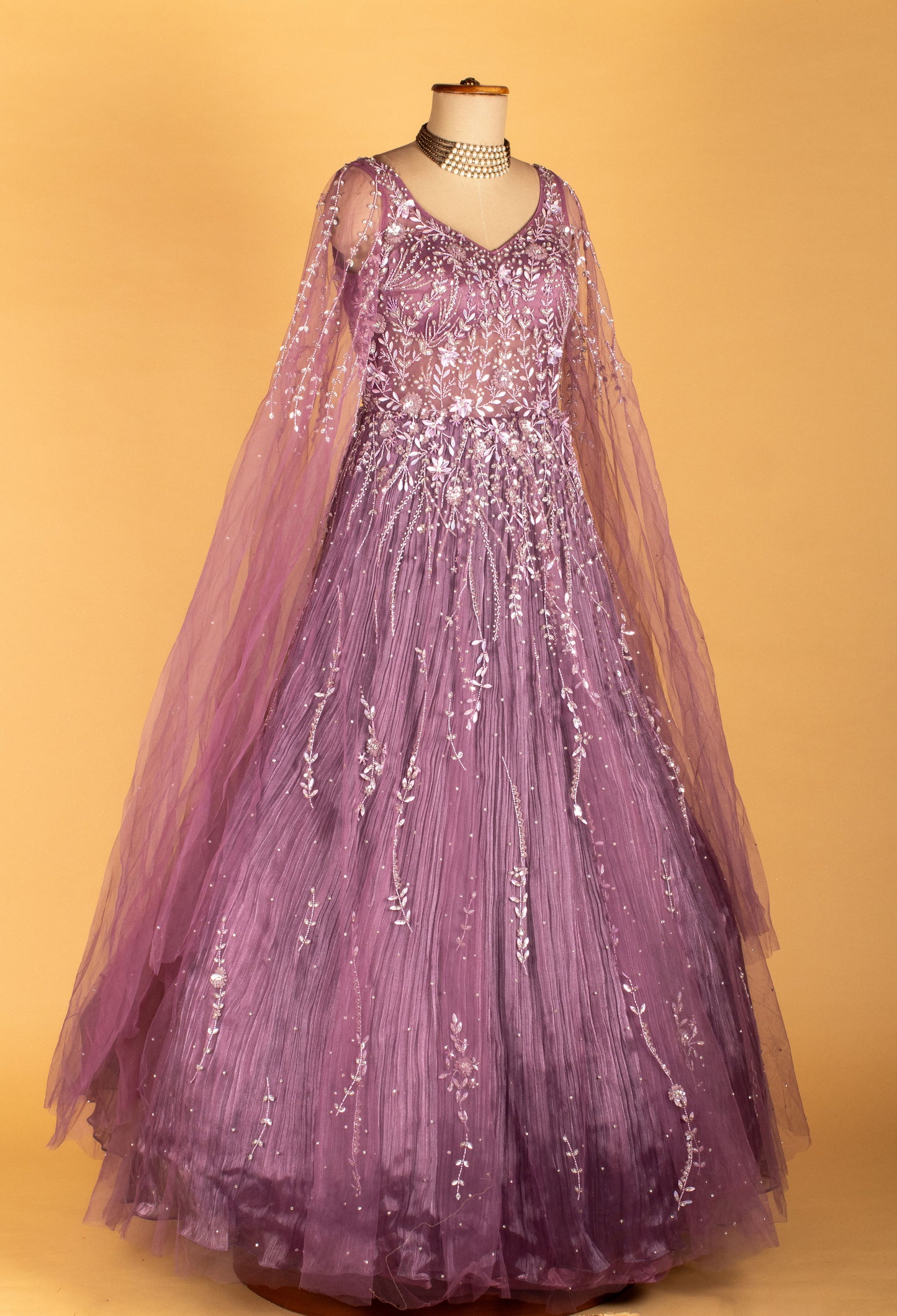 Lavender Embellished Ball Gown with Sheer Embroidered Sleeves & Layered Flare