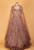 Dusty Rose Sequinned Ball Gown with Sheer Embroidered Sleeves & Layered Flare