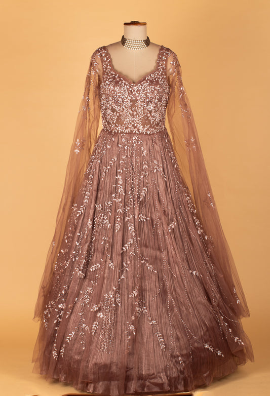 Dusty rose sequin ball gown with sheer embroidered sleeves – product image 2