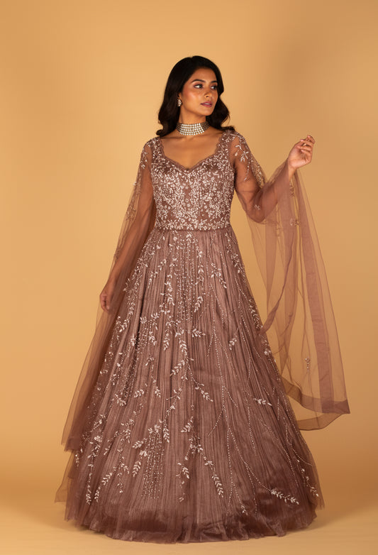 Dusty Rose Sequinned Ball Gown with Sheer Embroidered Sleeves & Layered Flare