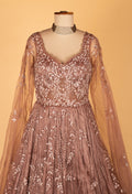 Dusty Rose Sequinned Ball Gown with Sheer Embroidered Sleeves & Layered Flare