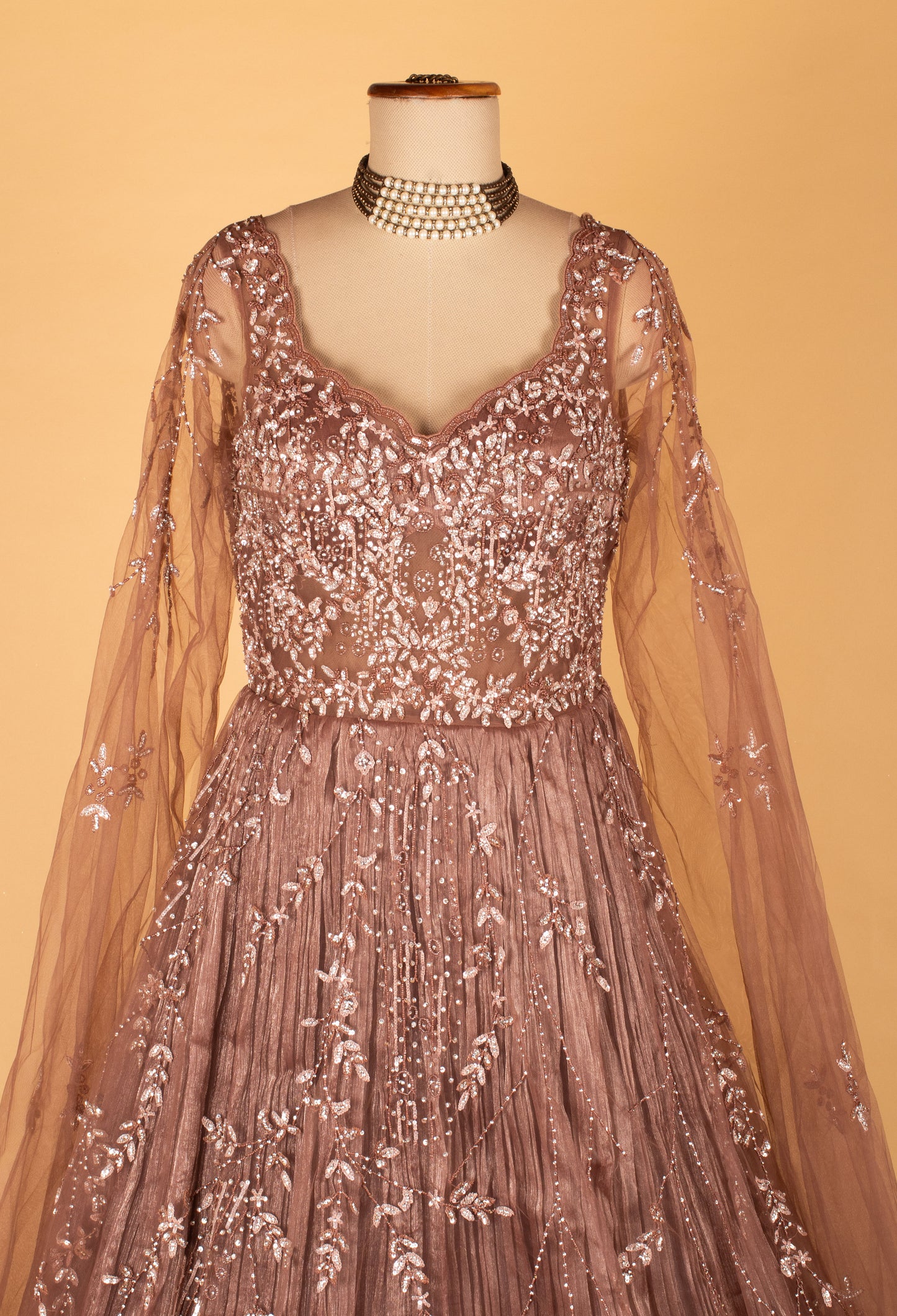 Dusty Rose Sequinned Ball Gown with Sheer Embroidered Sleeves & Layered Flare