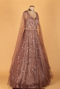 Dusty Rose Sequinned Ball Gown with Sheer Embroidered Sleeves & Layered Flare