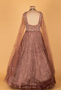Dusty Rose Sequinned Ball Gown with Sheer Embroidered Sleeves & Layered Flare