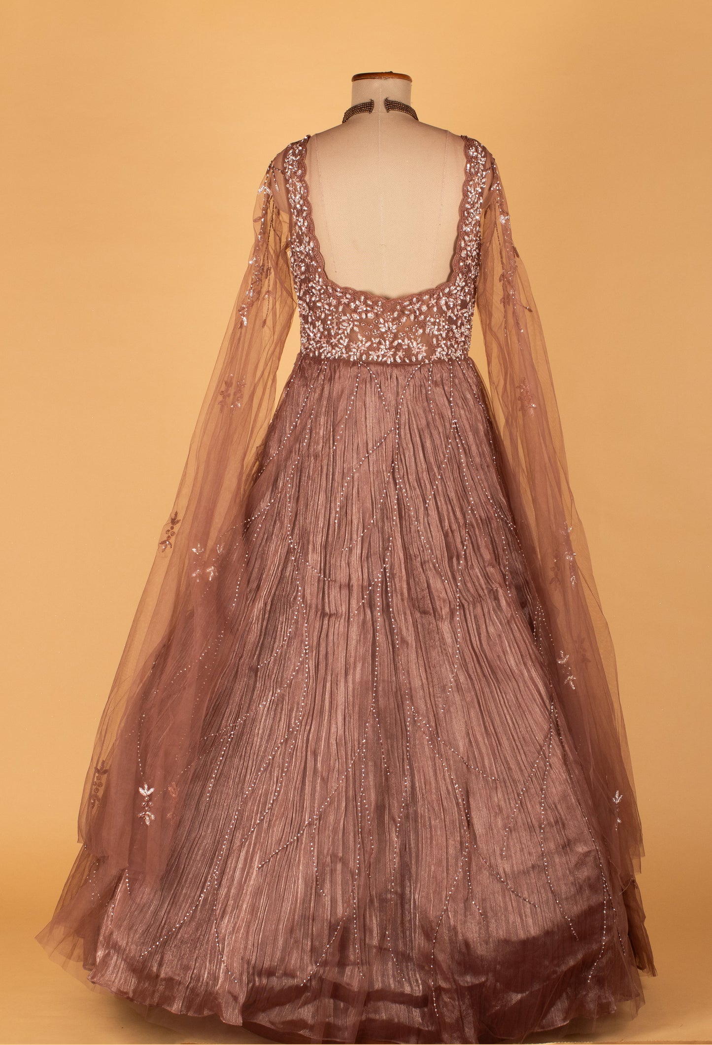 Dusty Rose Sequinned Ball Gown with Sheer Embroidered Sleeves & Layered Flare