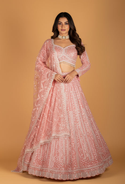 Pastel Pink All-Over Sequin Lehenga with Long Sleeve Crop Top & Scalloped Dupatta
