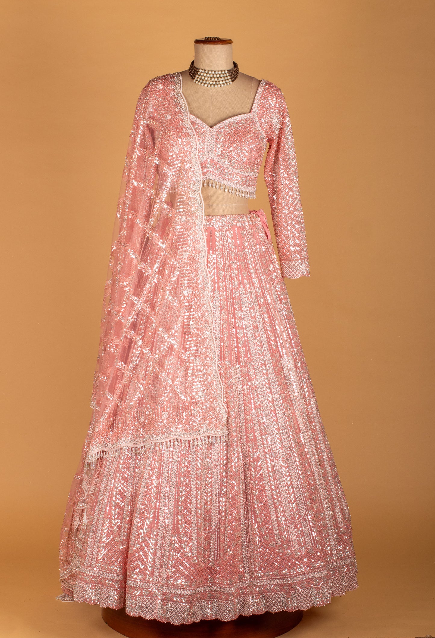 Pastel Pink All-Over Sequin Lehenga with Long Sleeve Crop Top & Scalloped Dupatta
