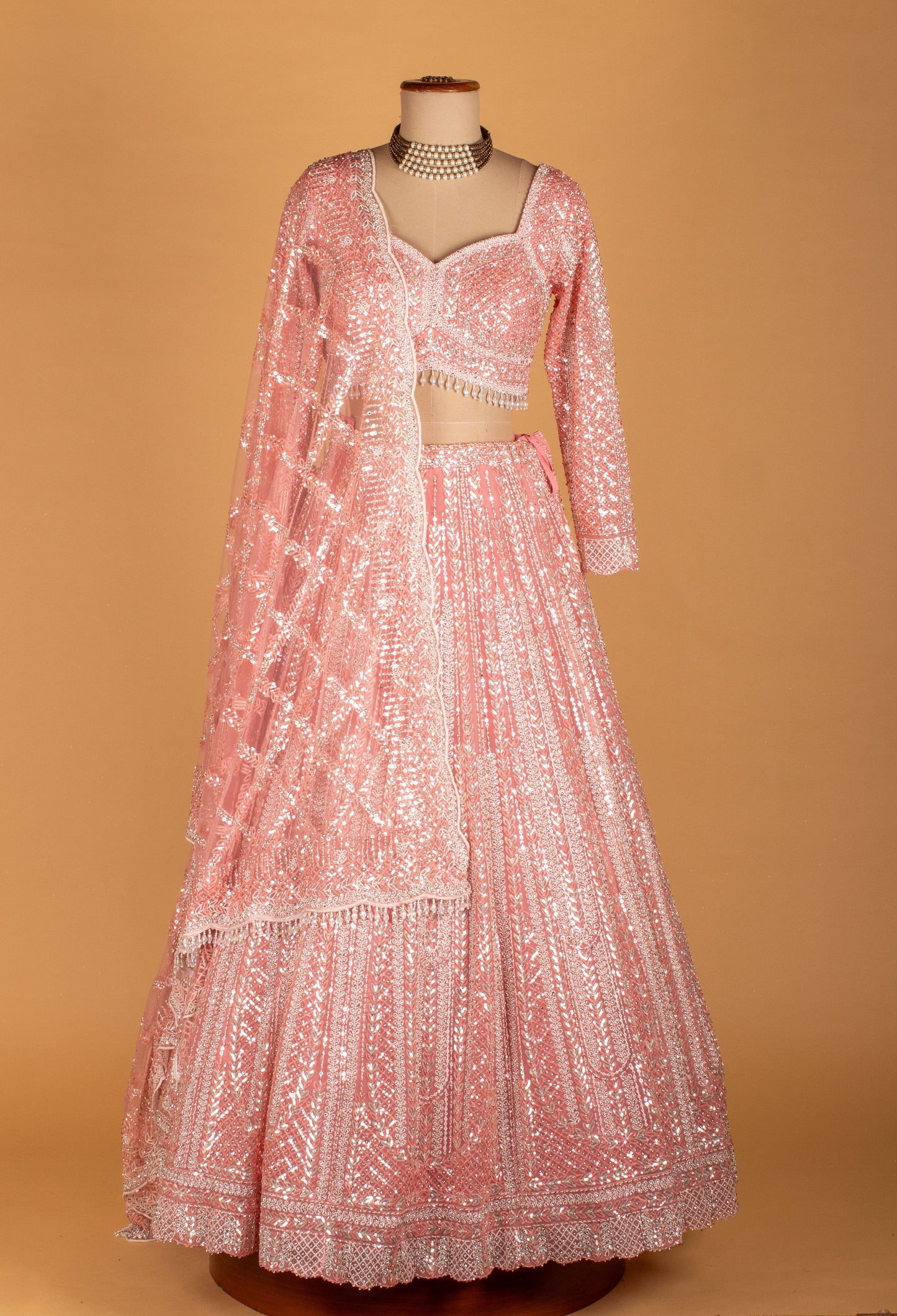 Pastel Pink | Pastel pink all-over sequin lehenga with scalloped dupatta – product image 2 | 2