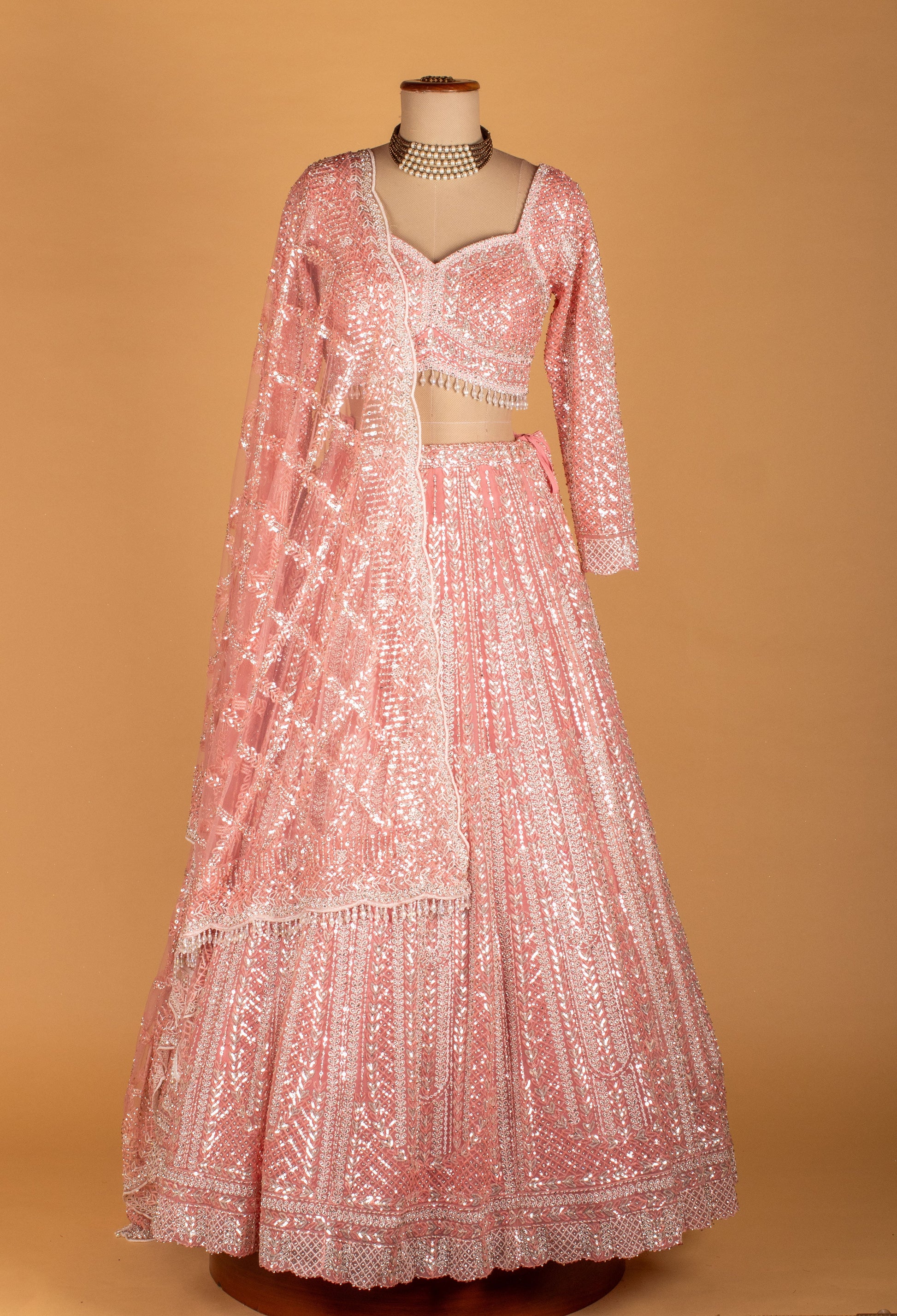 Pastel Pink | Pastel pink all-over sequin lehenga with scalloped dupatta – product image 2 | 2